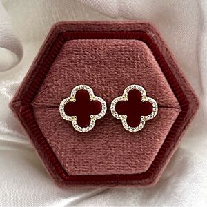 18K Gold Plated over 925 Sterling Silver Luxury Maroon Red Clover Stud Earrings